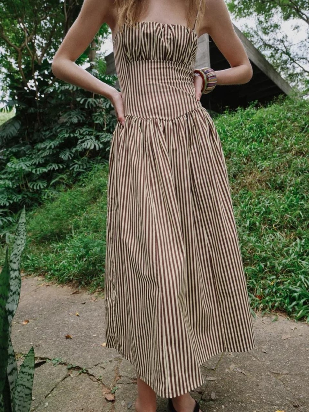 Zara Strapless Brown and Cream Striped Midi Dress